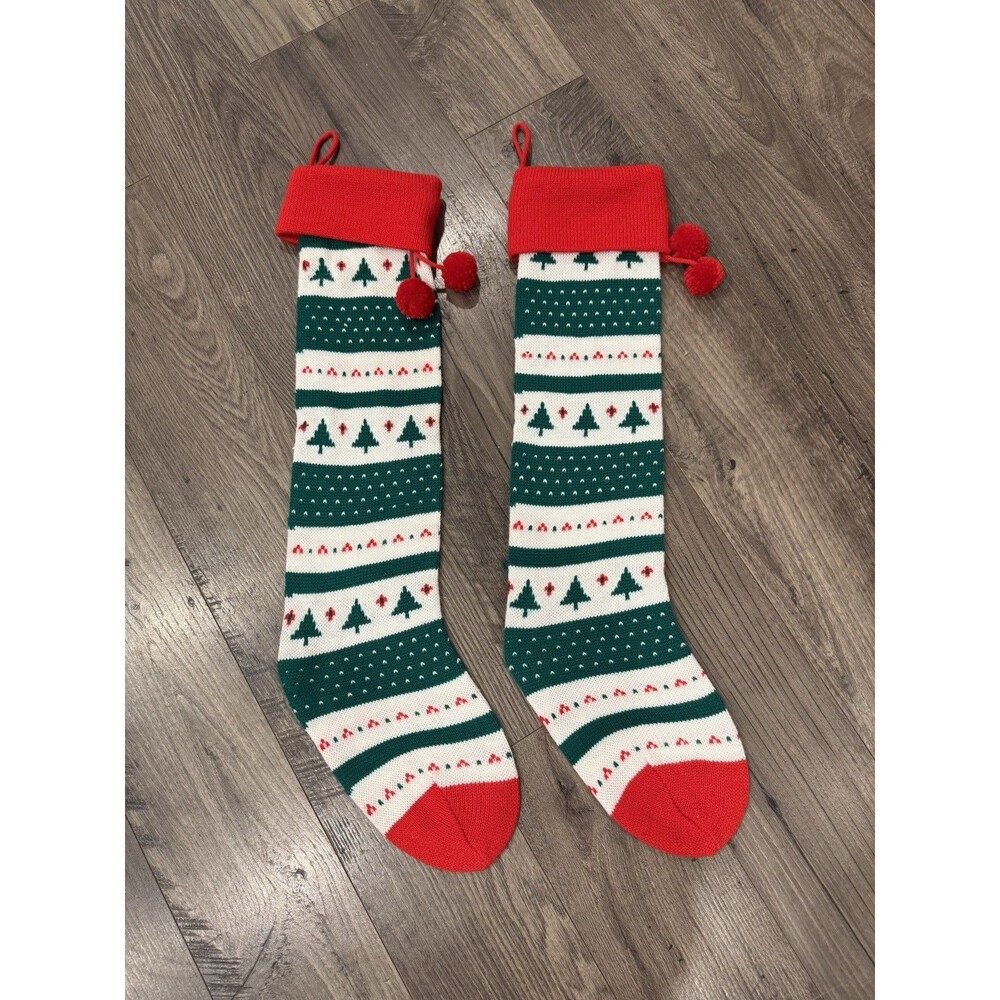 Vintage Style Retro Knit Christmas Stockings Set Of 2 Christmas Trees Red Poms